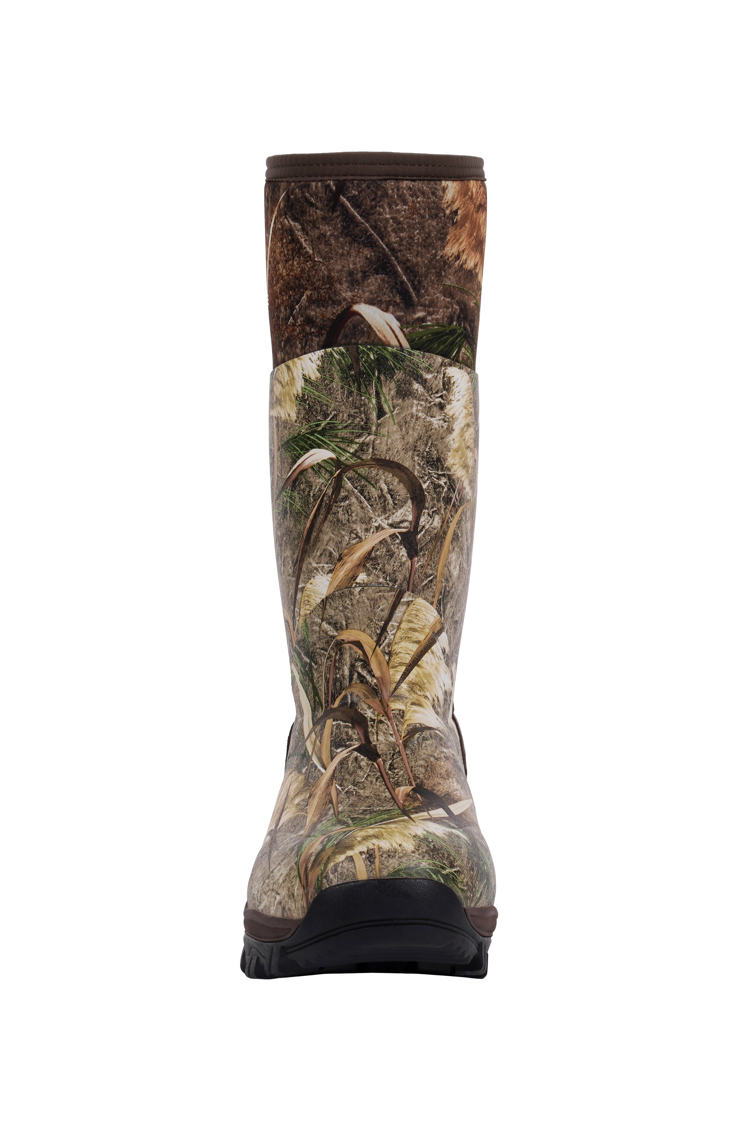alt="Front view of Trudave WildGuard Series men’s tall waterproof camo hunting boots in Reed Grass color showing rugged rubber construction, high-cut waterproof design, and reinforced toe and sole built for durability, traction, and comfort in outdoor hunting conditions"